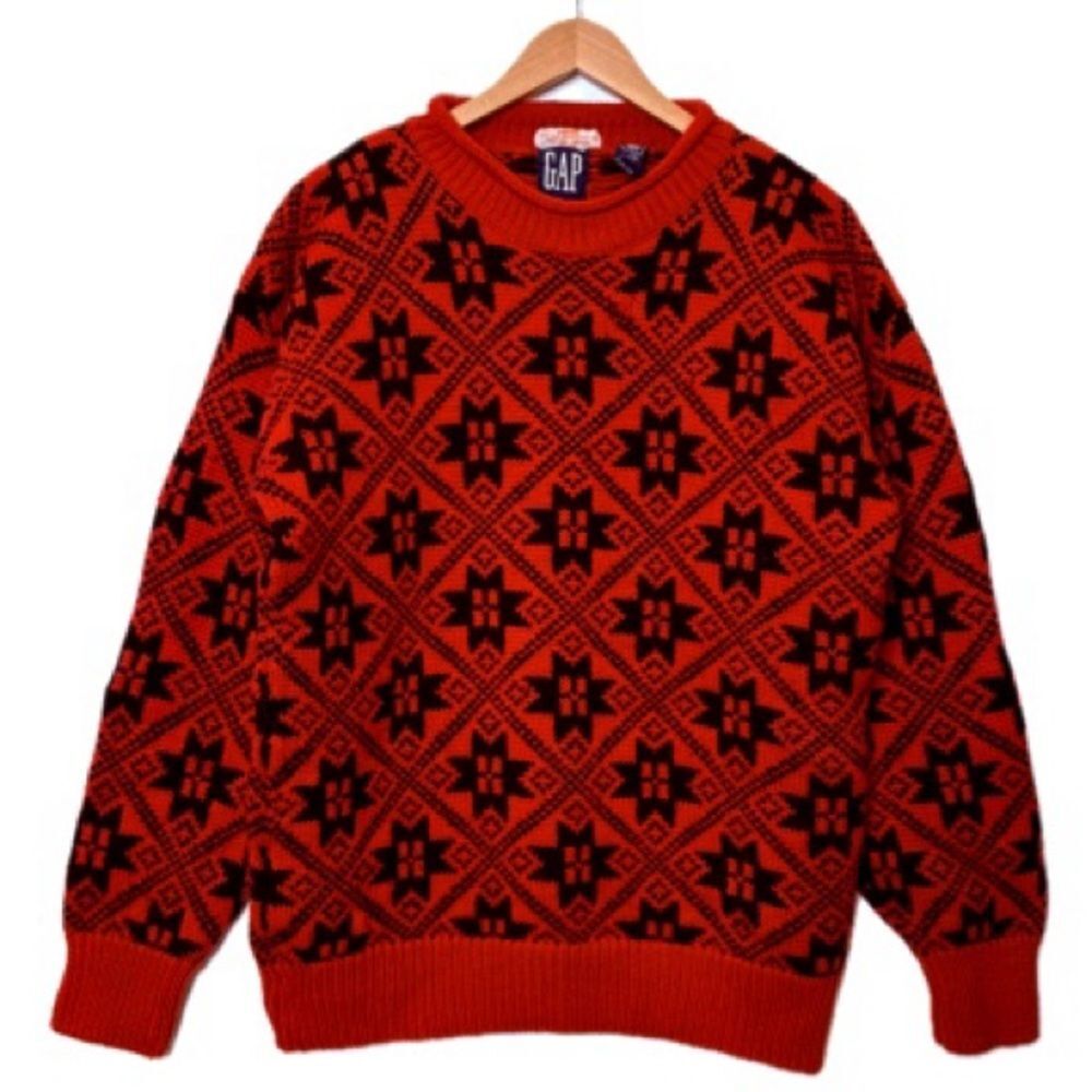 Vintage Gap Red Wool Nordic Fair Isle Snowflake Sweater Mens Size M Heavy Chunky